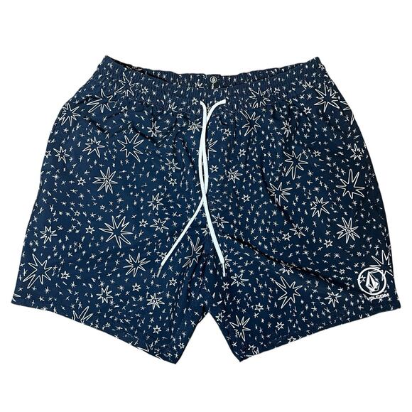 VOLCOM Navy Blue Stars Board Shorts Manic Swim Trunk No Lining Large 4th Of July - Picture 1 of 6